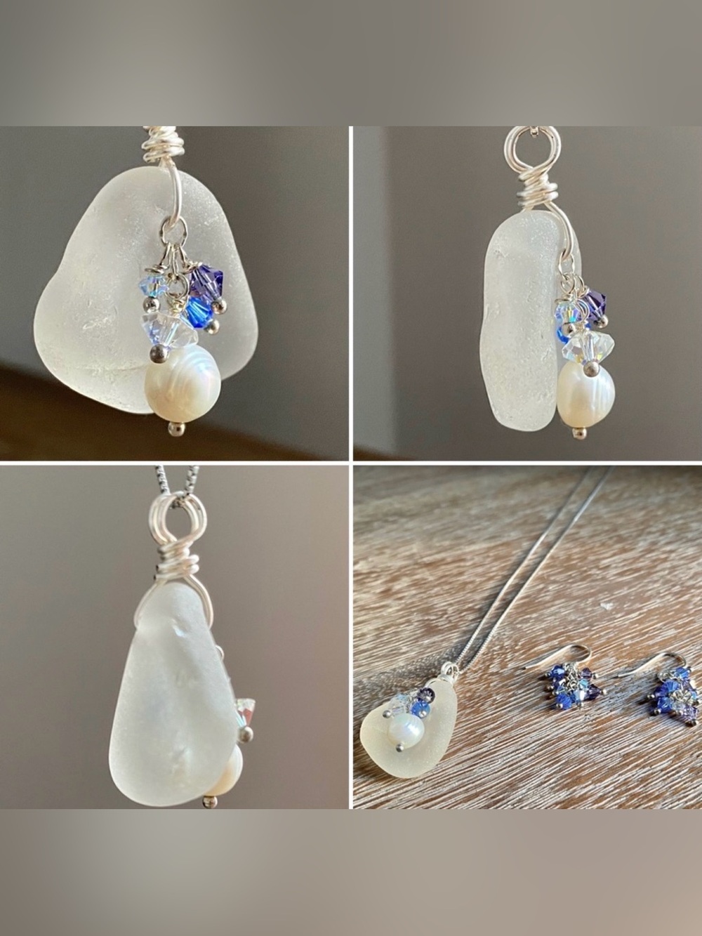 NEW Beachglass from Lake Erie/pearl/Swarovski .925 Sterling necklace/earring set